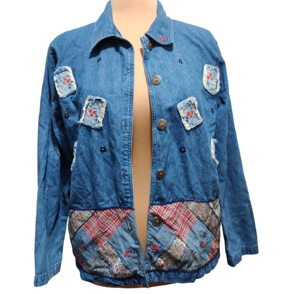 Bobbie Brooks M Vintage Patchwork Denim Jacket Embroidered Accents Americana - Picture 9 of 13